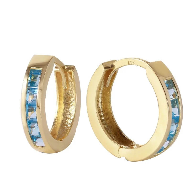 1.2 Carat 14K Solid Gold Hoop Huggie Earrings Blue Topaz