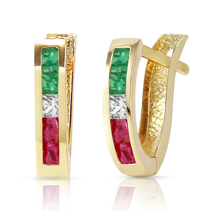 1.28 Carat 14K Solid Gold Tri Gem Oval Hoop Gemstone Earrings