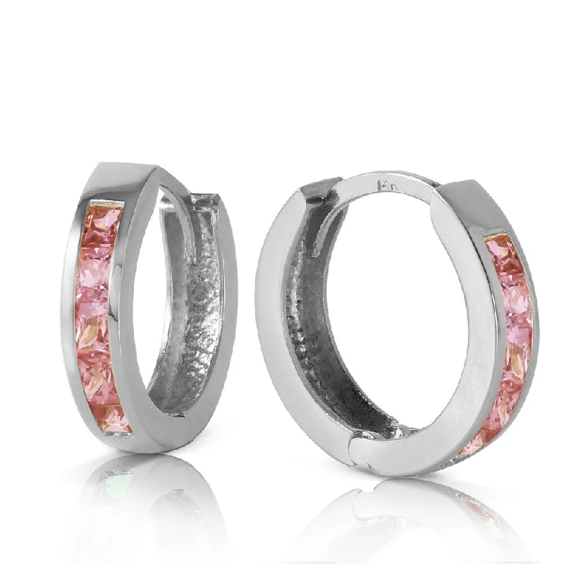 1.3 CTW 14K Solid White Gold Hoop Huggie Earrings Pink Sapphire