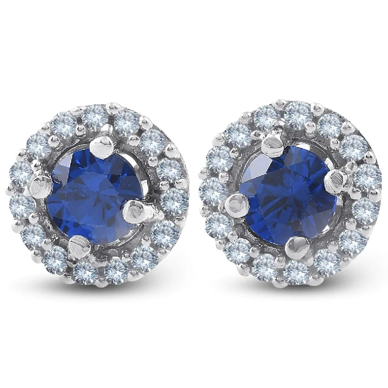 1/4 Ct Blue Sapphire & Diamond Halo Studs 10k White Gold