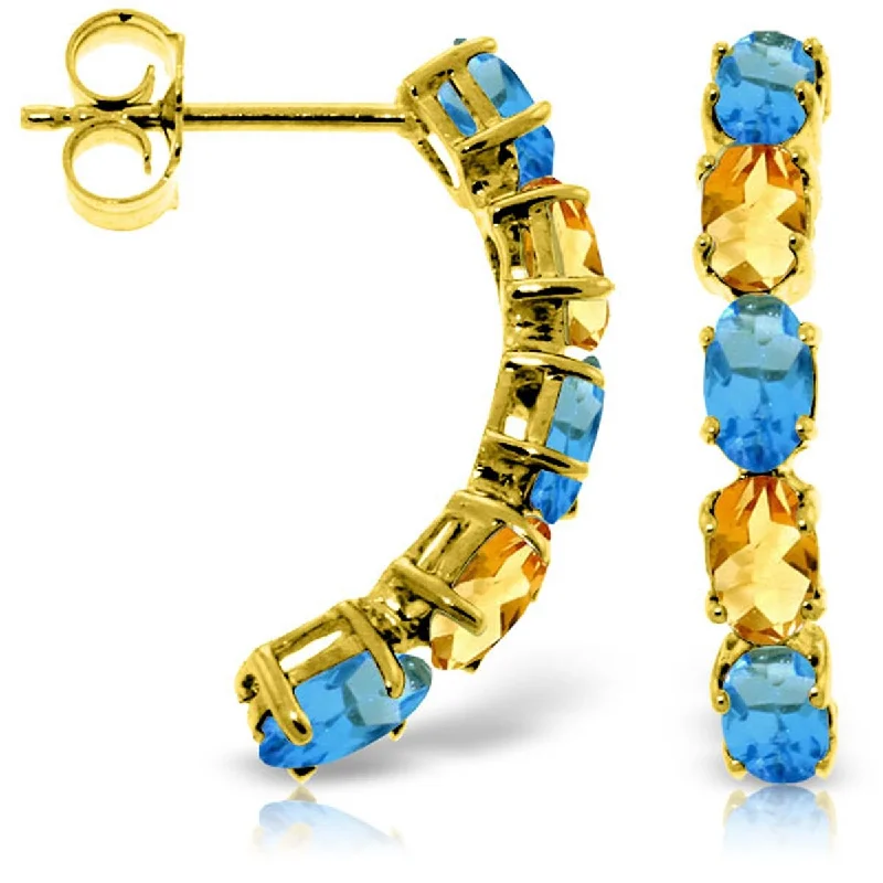 14K Solid Gold Gemstone Earrings w/ Natural Blue Topaz & Citrines