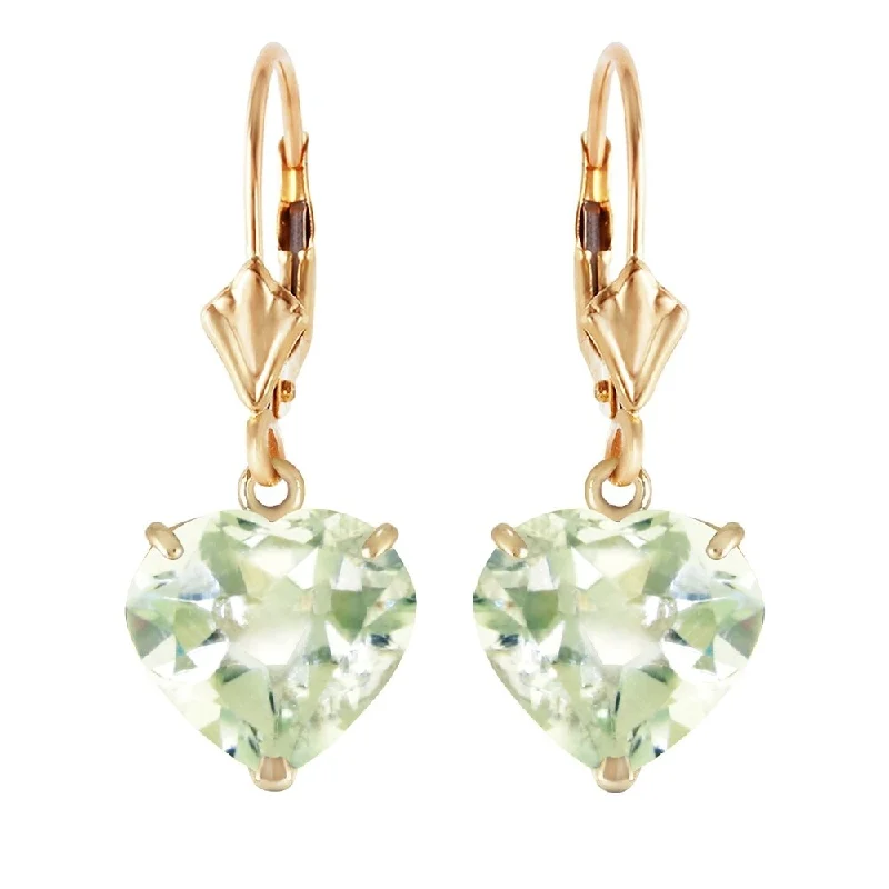 14K Solid Gold Leverback Earrings Natural 10mm Heart Green Amethysts