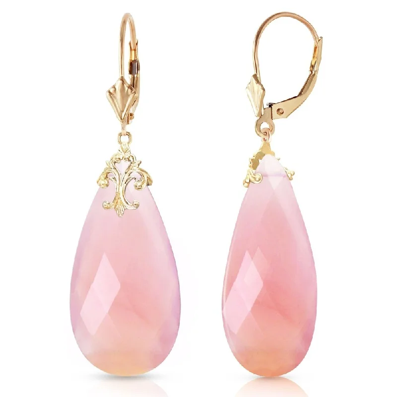 14K Solid Gold Leverback Earrings with Briolette 31x16 mm Pink Chalcedony