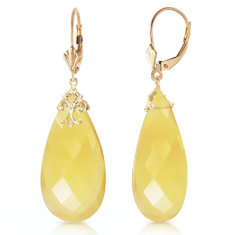 14K Solid Gold Leverback Earrings with Briolette 31x16 mm Yellow Onyx