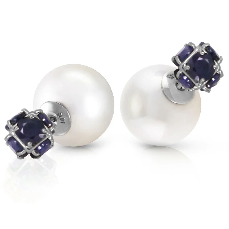 14K Solid Gold Tribal Double Shell Pearls And Sapphires Stud Earrings