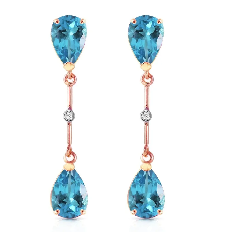 14K Solid Rose Gold Diamonds & Blue Topaz Dangling Earrings