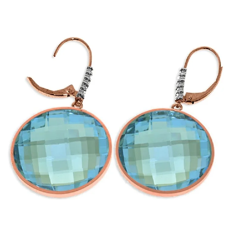 14K Solid Rose Gold Diamonds Leverback Earrings with Checkerboard Cut Round Blue Topaz