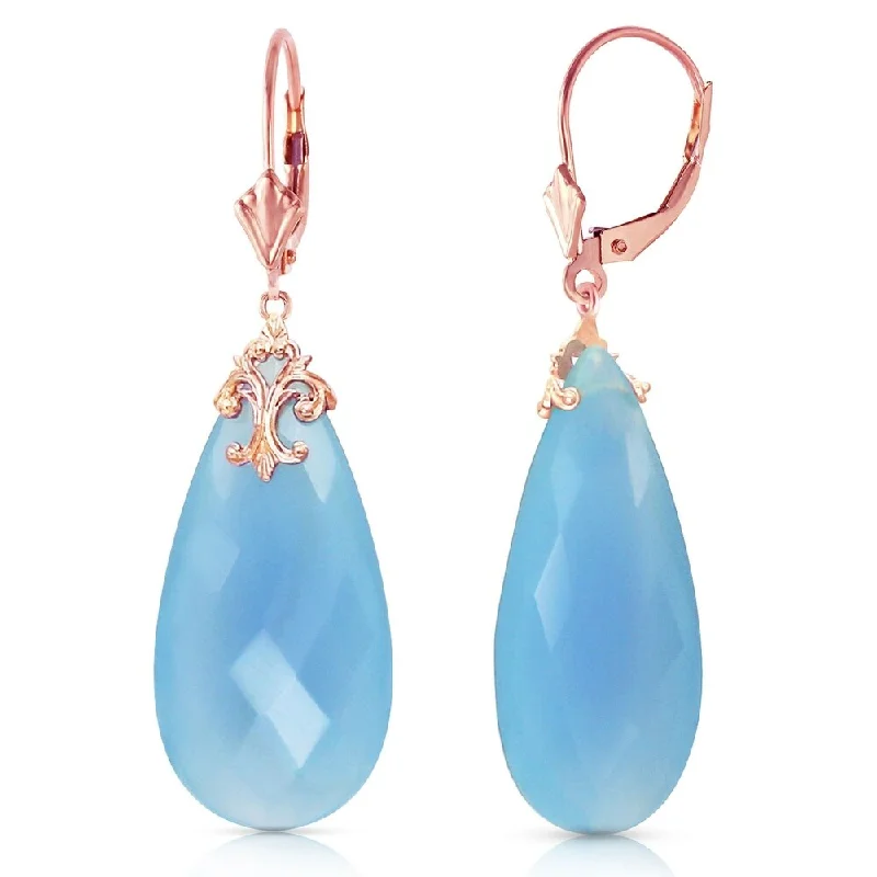 14K Solid Rose Gold Leverback Earrings with Briolette 31x16 mm Aqua Blue Chalcedony