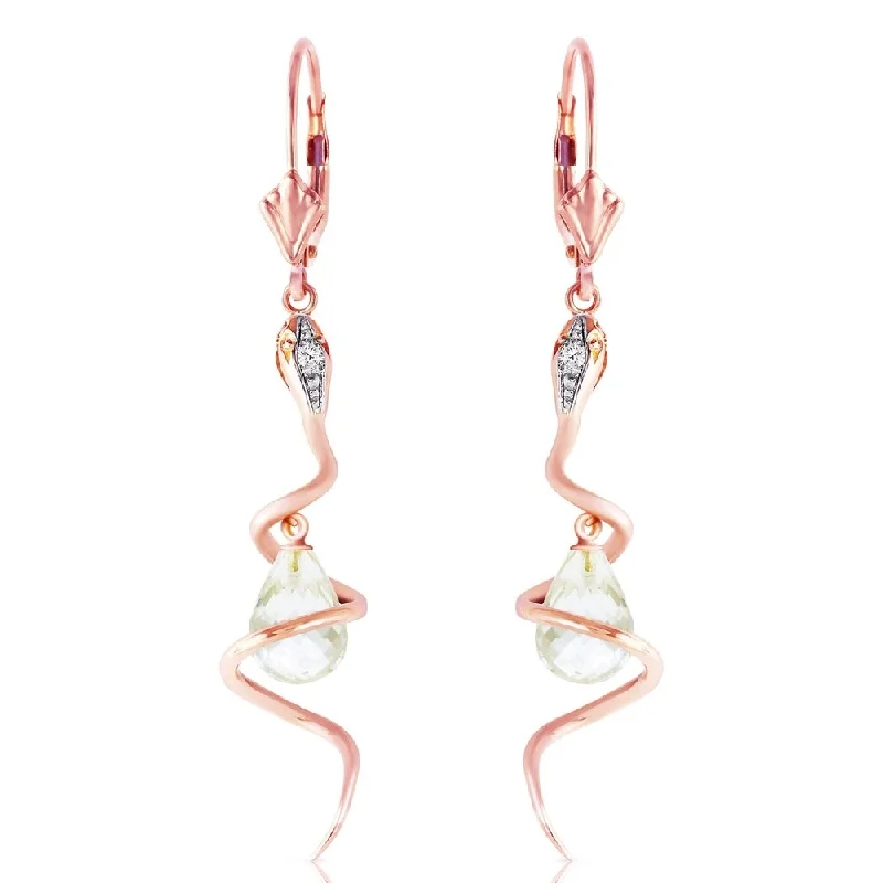 14K Solid Rose Gold Snake Earrings with Dangling Briolette White Topaz & Diamonds