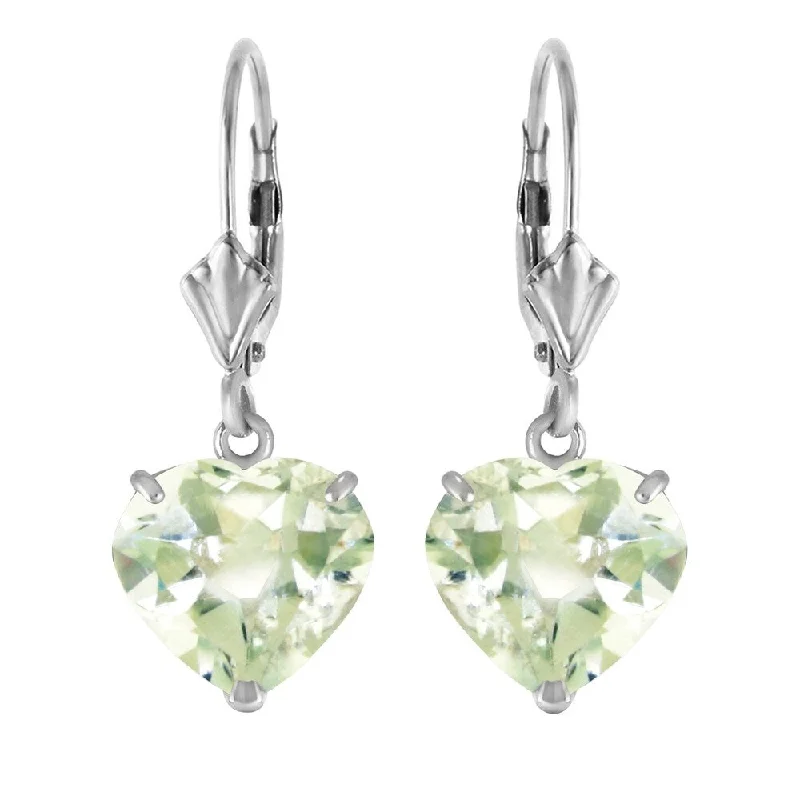 14K Solid White Gold Leverback Earrings Natural 10mm Heart Green Amethysts