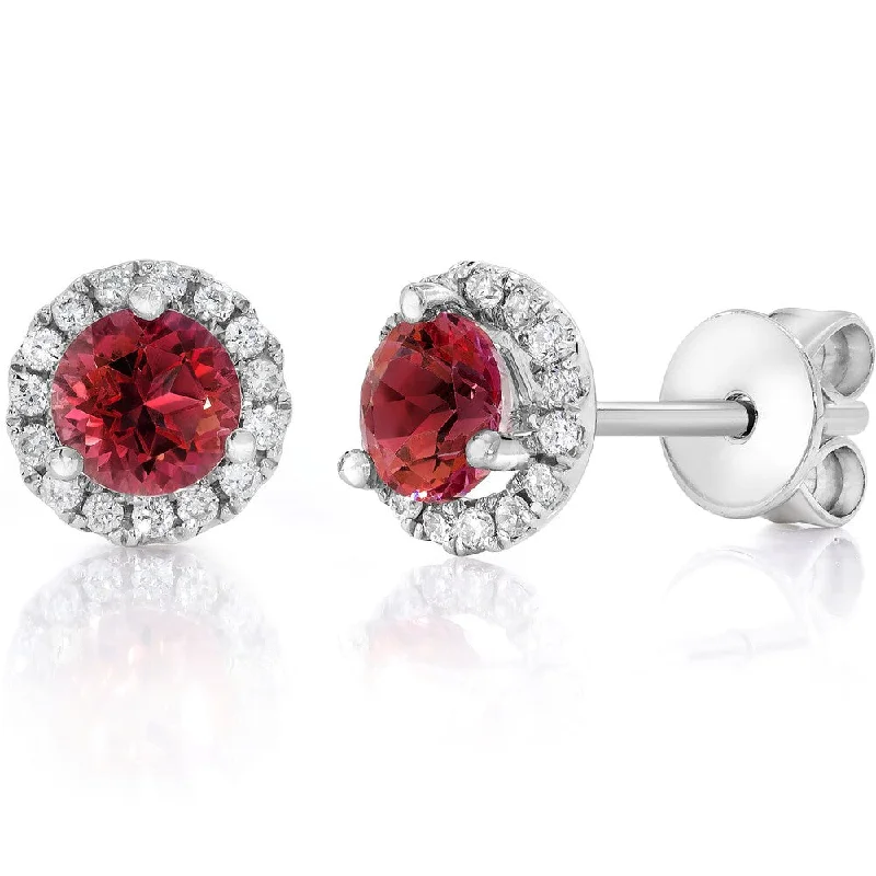 14k White Gold 3/4 CTW Diamond & Ruby Halo Studs Earrings (F-G,VS1-VS2)