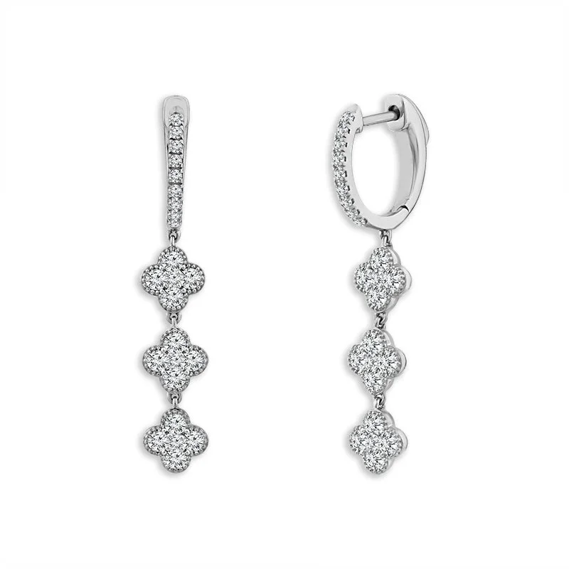 14K White Gold Diamond Clover Drop Earrings