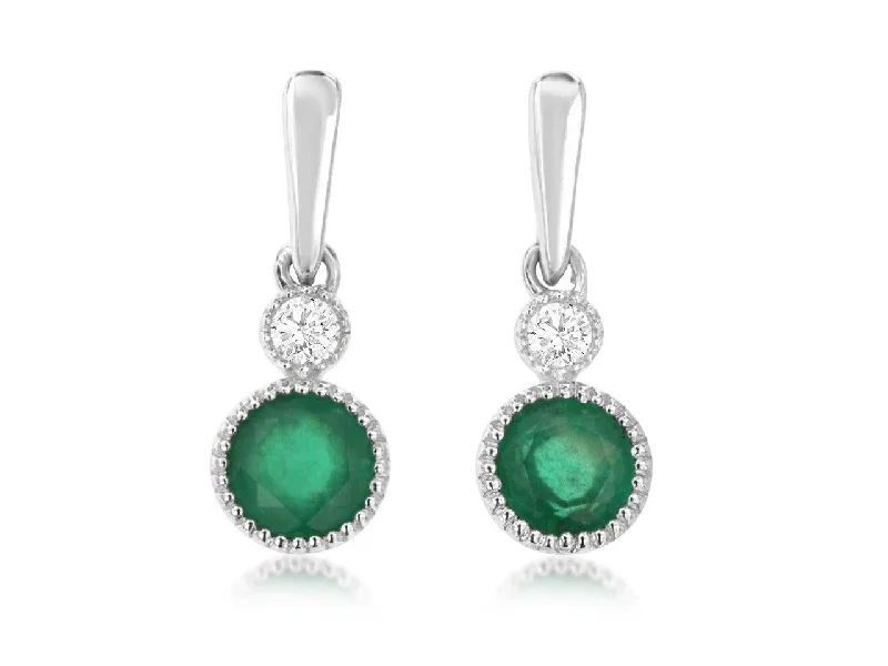 14K White Gold Emerald and Diamond Bezel Set Drop Earrings