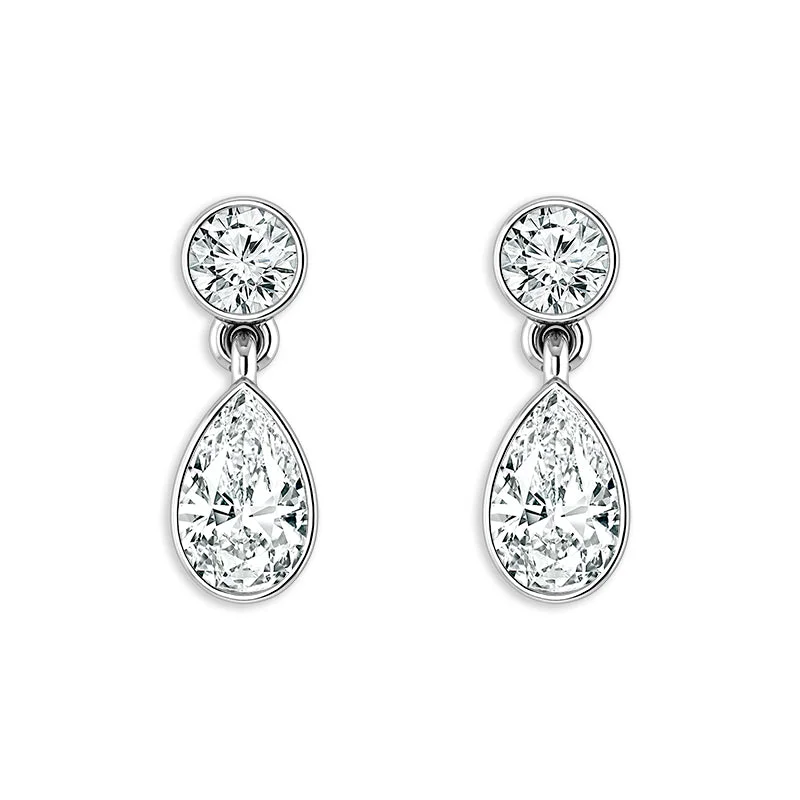 14K White Gold Lab Grown 5/8ctw Round and Pear Diamond SkySet Drop Earrings