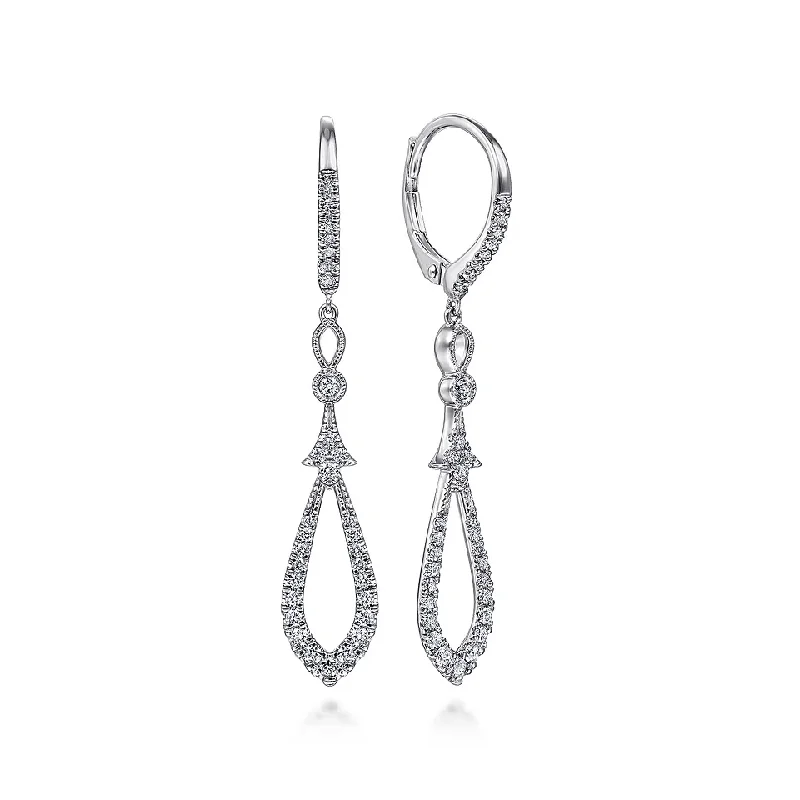 14K White Gold Long Teardrop Diamond Drop Earrings