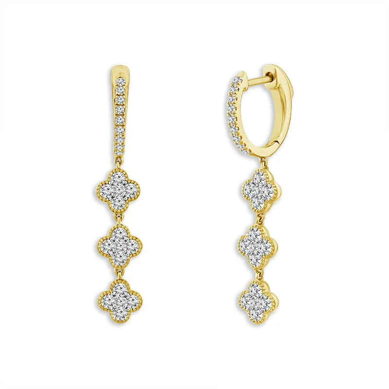 14K Yellow Gold Diamond Clover Drop Earrings