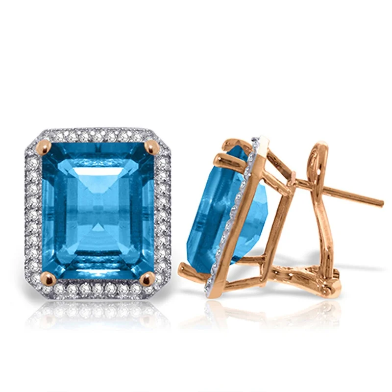 15.6 Carat 14K Solid Gold Octagon Blue Topaz Diamond Earrings