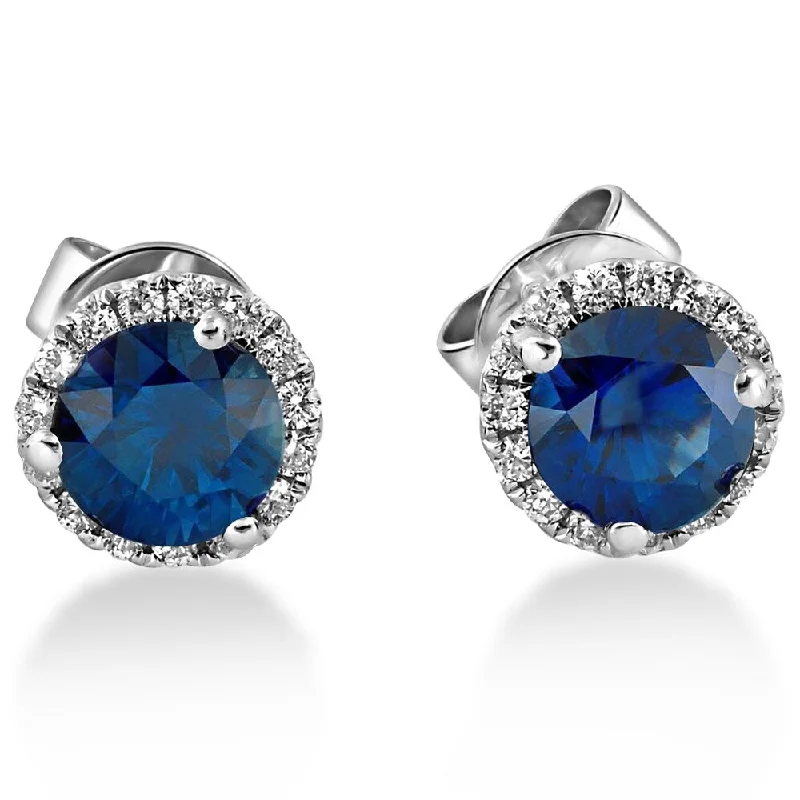 18k White Gold 1 ct TDW Diamond Blue Sapphire Halo Studs (F-G,SI1-SI2)