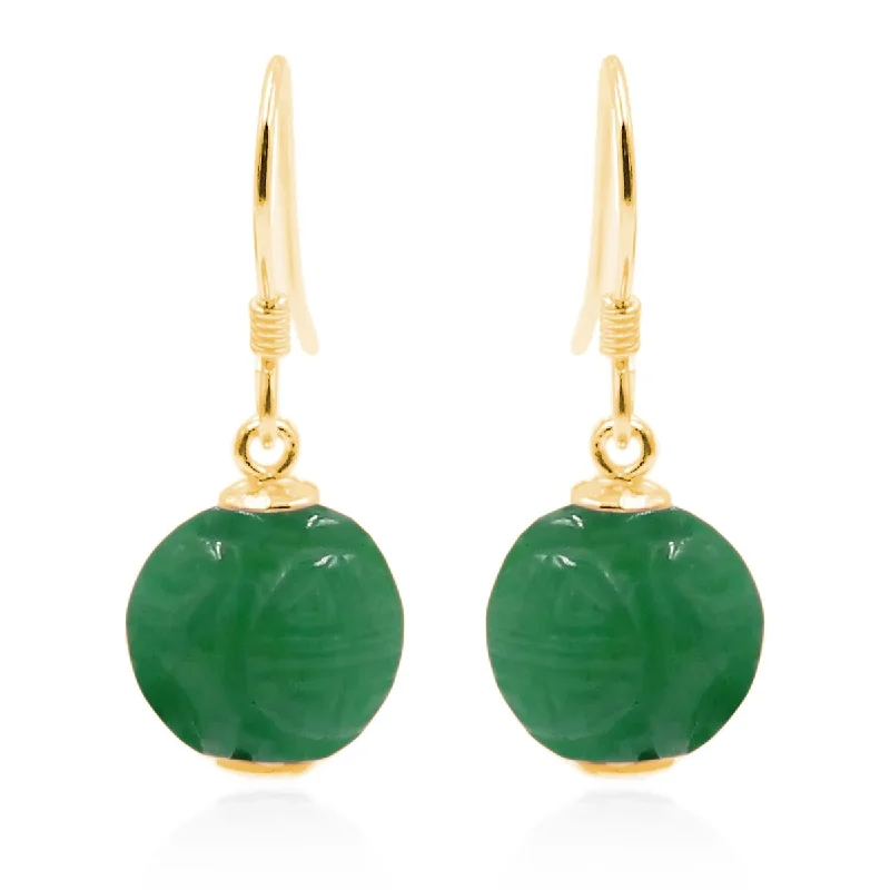 18k Yellow Gold Over Sterling Silver Dyed Green Jade Gemstone Drop Earrings