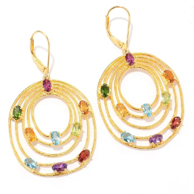 18K Yellow Vermeil/ SS 4.62ctw Multi Gemstone Tiered Oval Drop Earrings