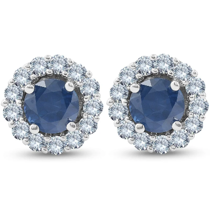 2 1/5 Ct Halo Diamond & Blue Sapphire Studs 14k White Gold