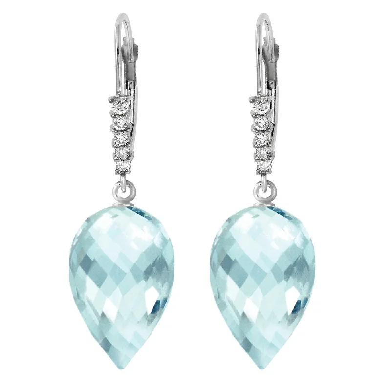 22.65 CTW 14K Solid White Gold Drop Briolette Blue Topaz Diamond Earrings