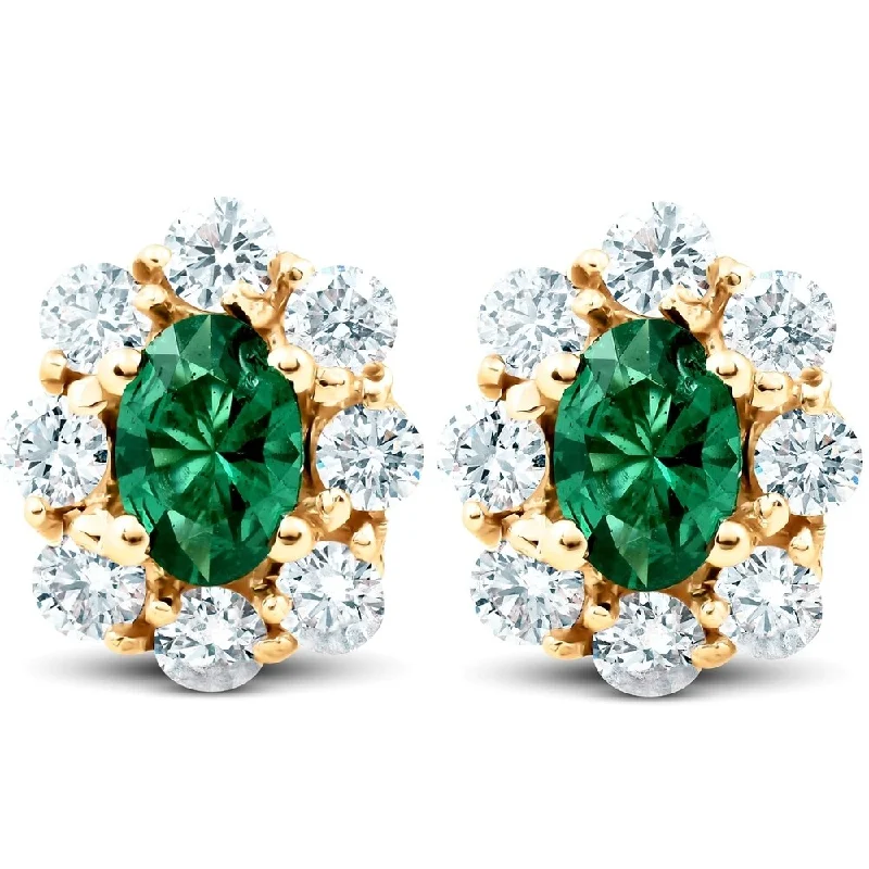 3.10Ct Emerald & Diamond Halo Studs 14k Yellow Gold Lab Grown