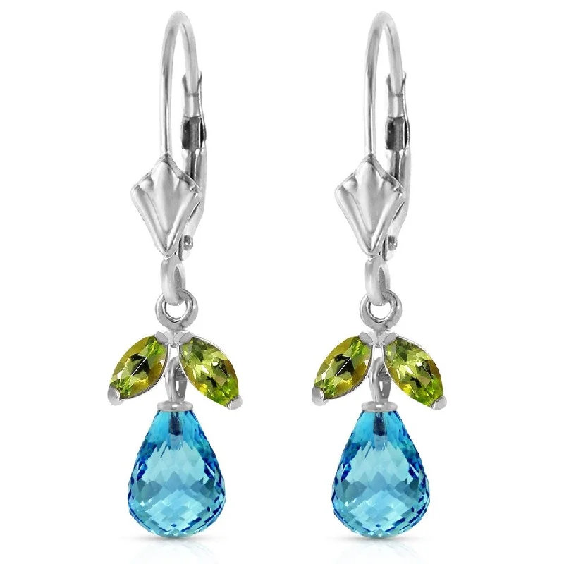 3.4 Carat 14K Solid White Gold Leverback Earrings Blue Topaz Peridot