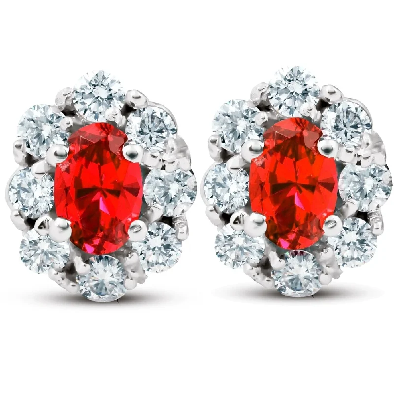 3 Ct Ruby & Diamond Halo Studs 14k White Gold