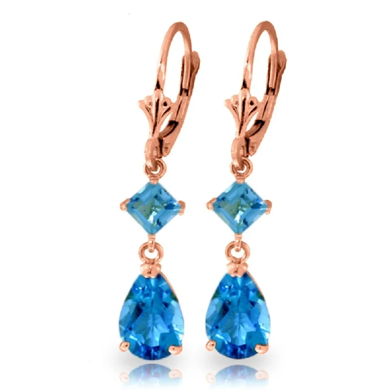 4.5 Carat 14k Solid Gold Blue Topaz Pear Cut Leverback Drop Earrings