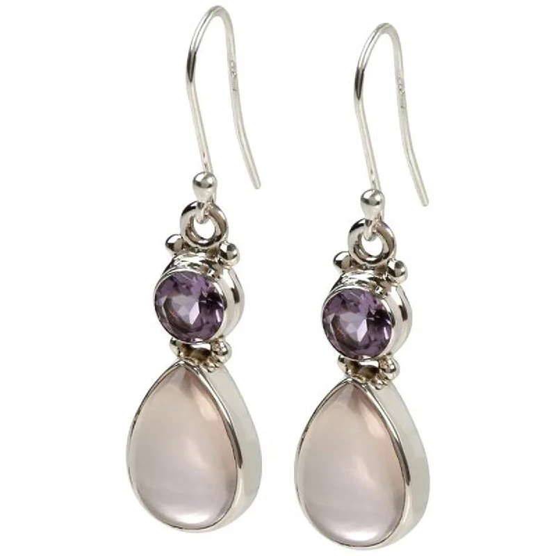 925 Sterling Silver African Amethyst and Rose Quartz Drop Earrings