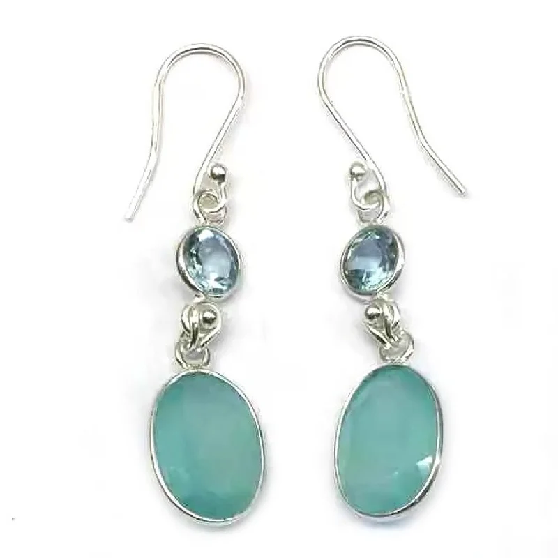 925 Sterling Silver Aqua Chalcedony and Sky Blue Topaz Drop Earrings