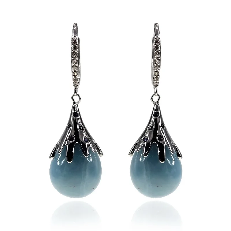 925 Sterling Silver Milky Aquamarine and Blue Sapphir Drop Earrings