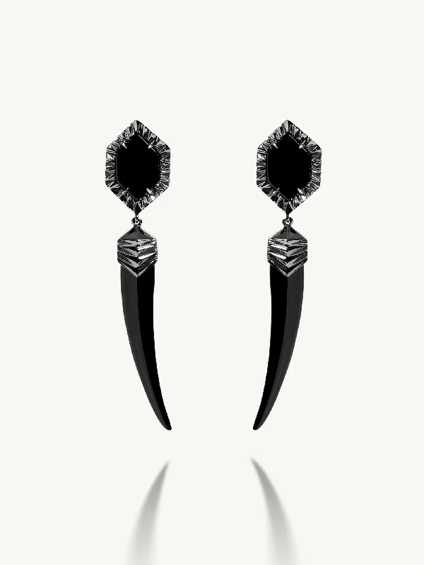 Alexandria Horn Talisman Drop Earrings With Black Onyx Agate In 18K Blackened Gold