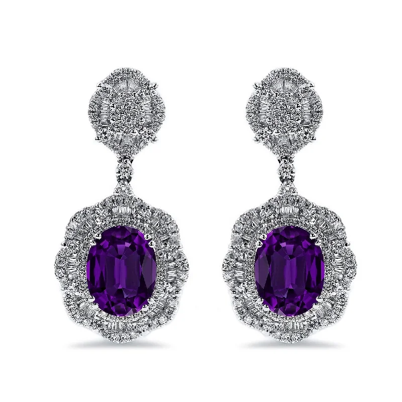 Auriya 4 5/8ctFancy Oval-cut Purple Amethyst Halo Diamond Drop Earrings 2 5/8ctw 18k Gold