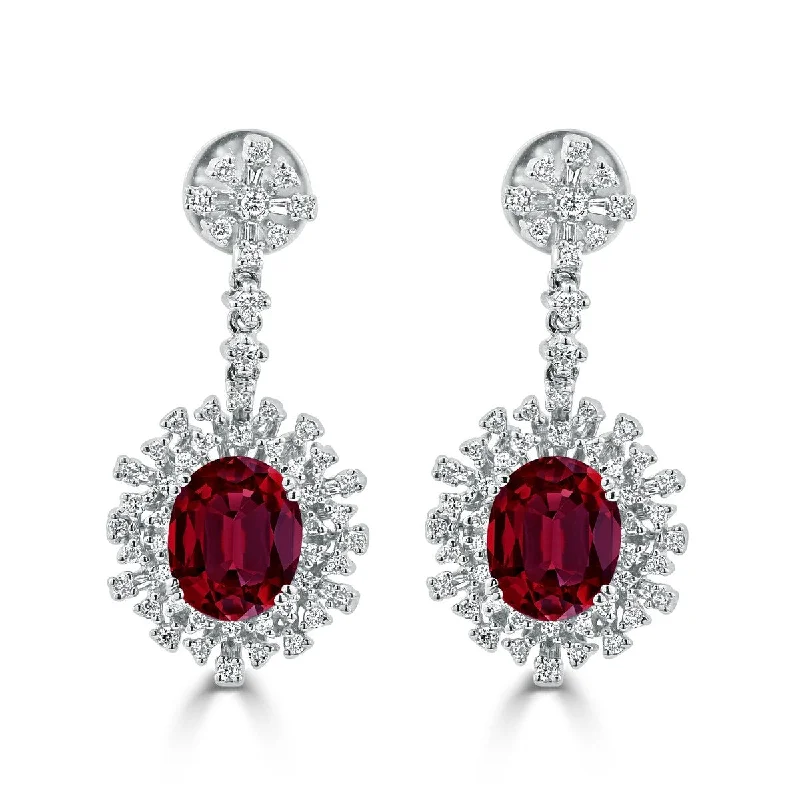 Auriya 5 3/4ct Fancy Oval-cut Red Ruby Halo Diamond Drop Earrings 1 1/3ctw 18k Gold