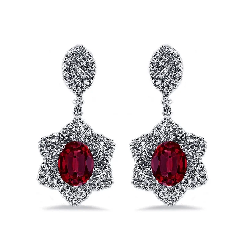 Auriya 5 3/4ct Fancy Oval-cut Red Ruby Halo Diamond Drop Earrings 1 1/4ctw 18k Gold