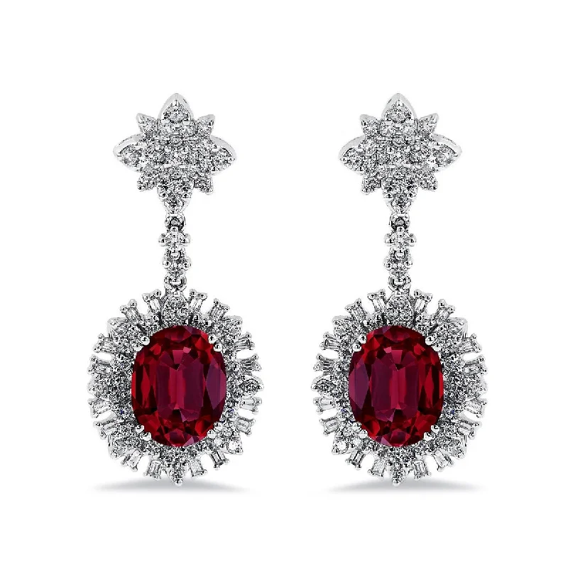 Auriya 5 3/4ct Fancy Oval-cut Red Ruby Halo Diamond Drop Earrings 1 3/4ctw 18k Gold