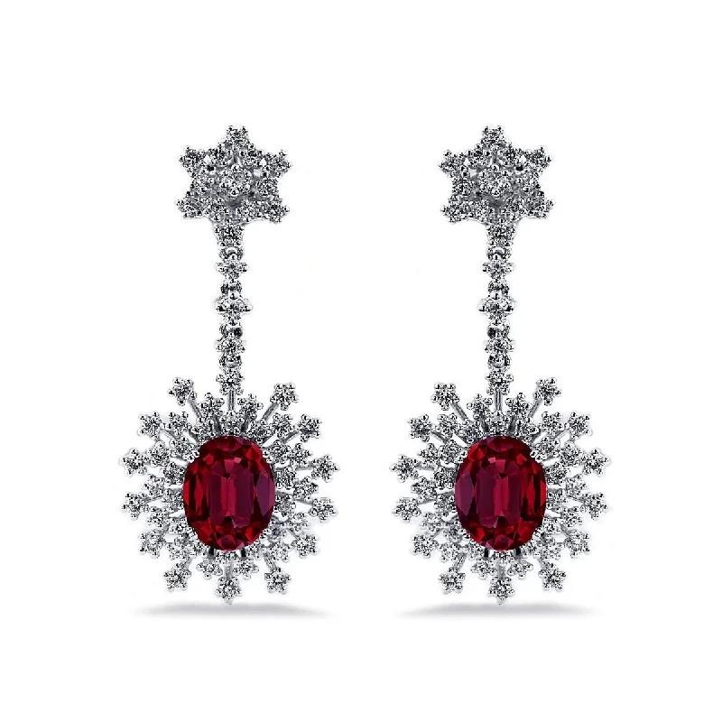 Auriya 5 3/4ct Fancy Oval-cut Red Ruby Halo Diamond Drop Earrings 1 7/8ctw 18k Gold