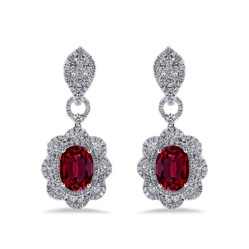 Auriya 5 3/4ct Fancy Oval-cut Red Ruby Halo Diamond Drop Earrings 2 3/4ctw 18k Gold