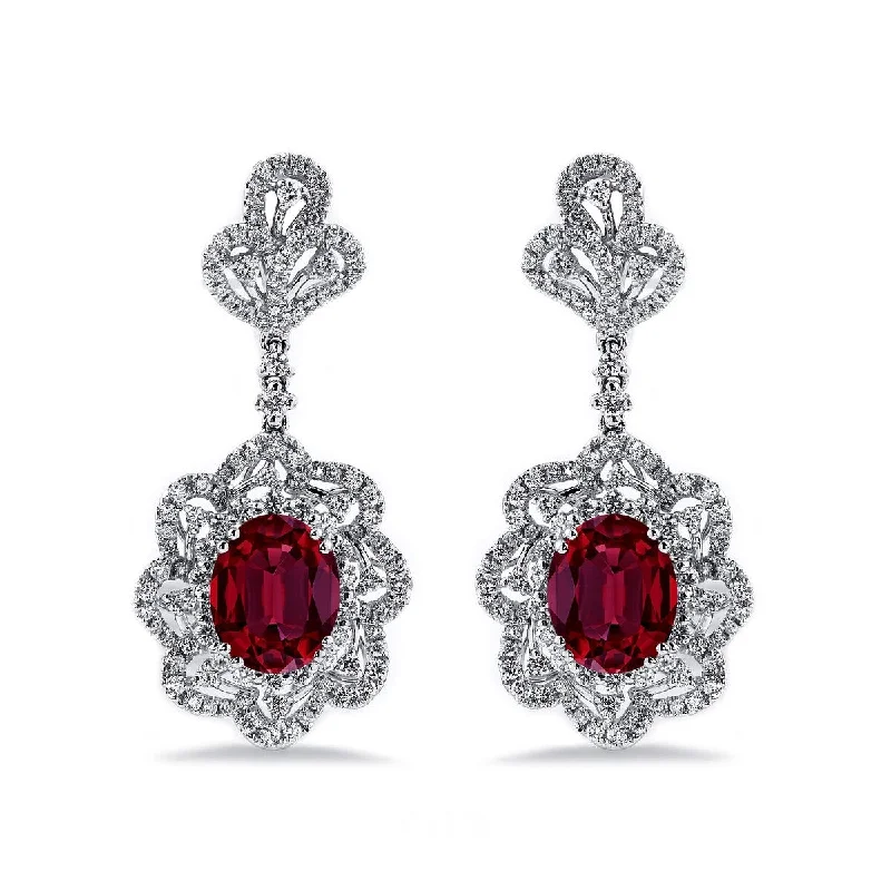 Auriya 5 3/4ct Fancy Oval-cut Red Ruby Halo Diamond Drop Earrings 2ctw 18k Gold