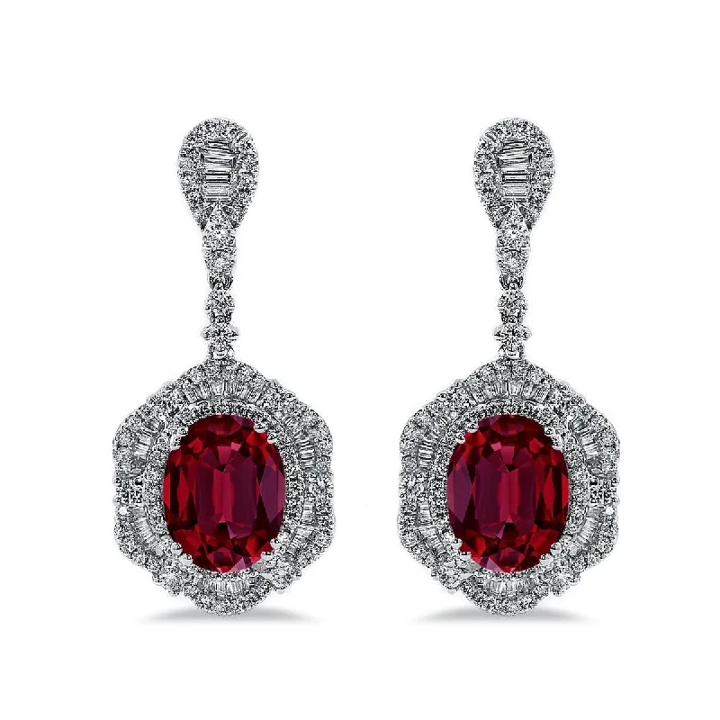 Auriya 5 3/4ct Fancy Oval-cut Red Ruby Halo Diamond Drop Earrings 3 1/8ctw 18k Gold