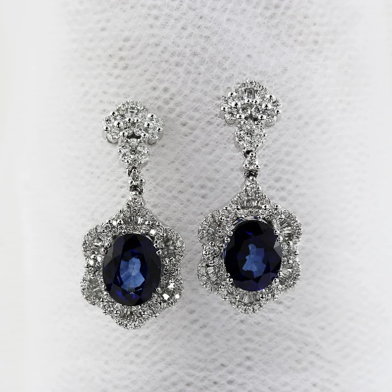 Auriya Fancy 7 9/10ct Royal Blue Sapphire Oval and 1 7/8ctw Diamond Drop Earrings 18K Gold