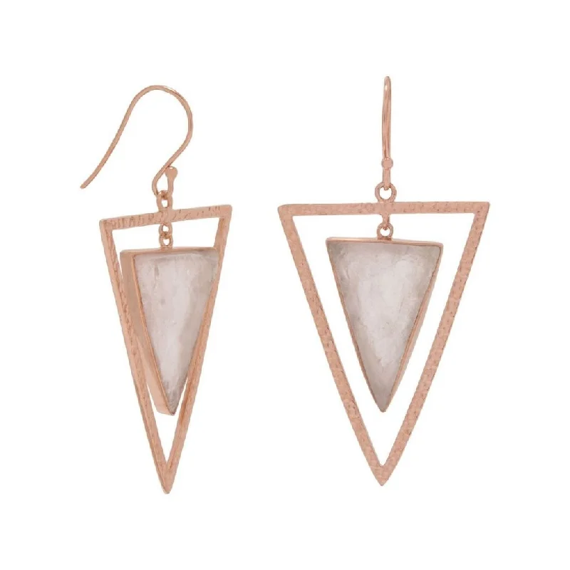 Curata 14k Rose Gld Plated 925 Sterling Silver Rose Quartz Triangle Earrings Hammered Open French Wire Center