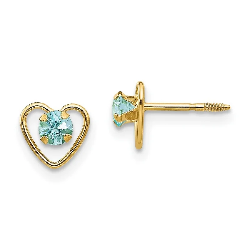 Curata 14k Yellow Gold 3mm Aquamarine Birthstone Heart Childrens Earrings (6x6mm)