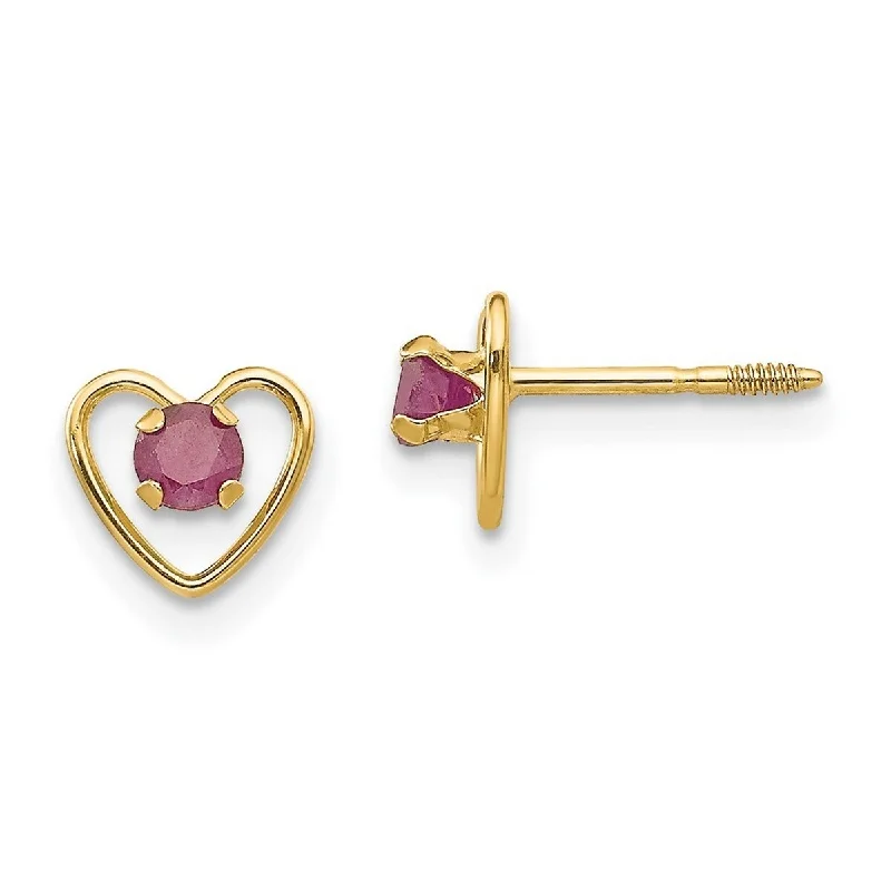 Curata 14k Yellow Gold 3mm Ruby Birthstone Heart Childrens Earrings (6x6mm)