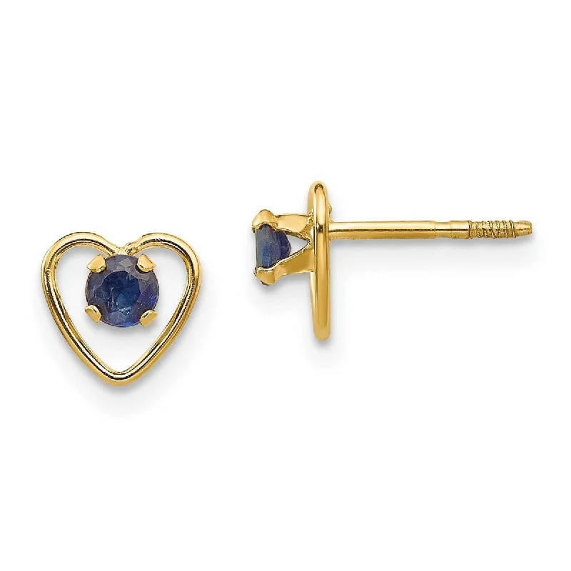 Curata 14k Yellow Gold 3mm Sapphire Birthstone Heart Childrens Earrings (6x6mm)