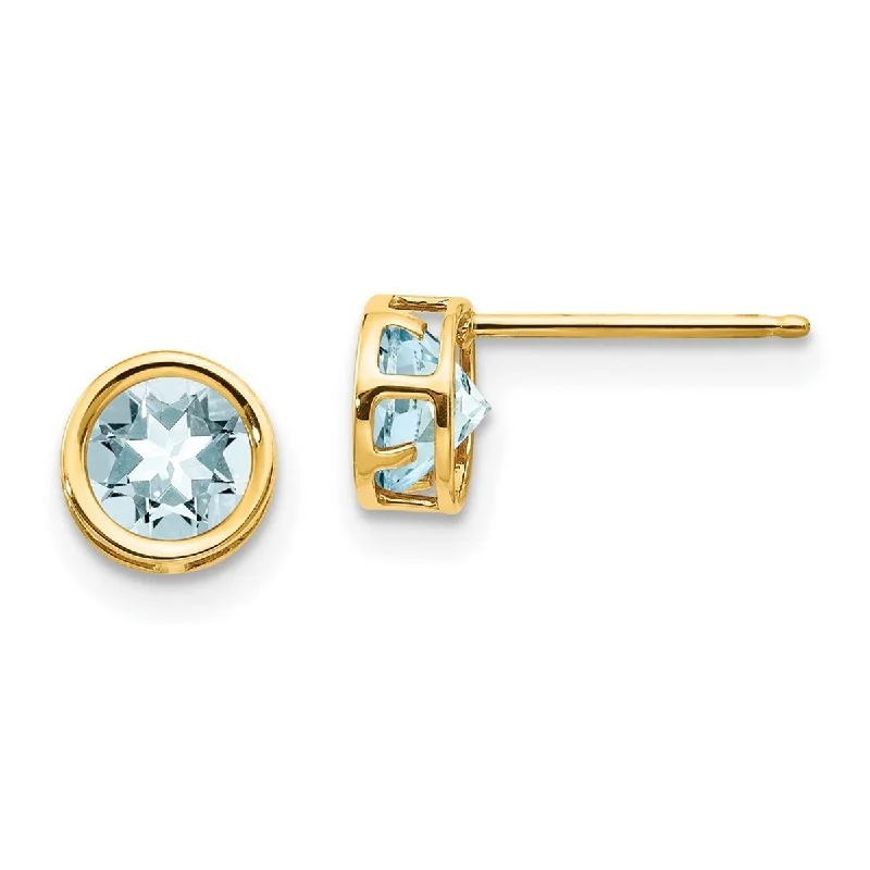 Curata 14k Yellow Gold 5mm Bezel Aquamarine Stud Earrings