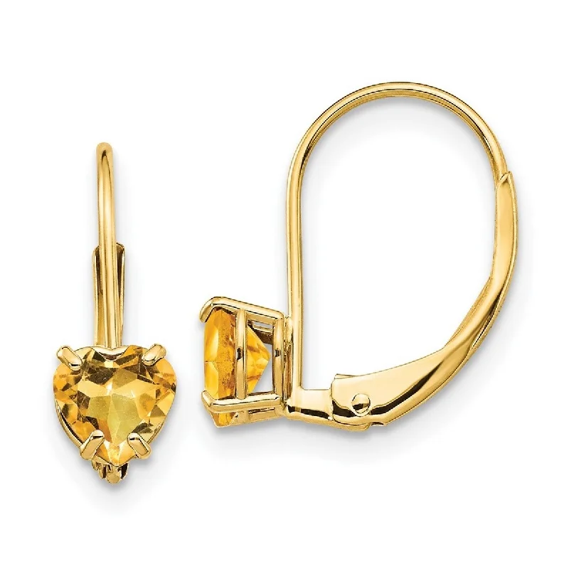 Curata 14k Yellow Gold 5mm Heart Citrine Leverback Drop Earrings (5x17mm)