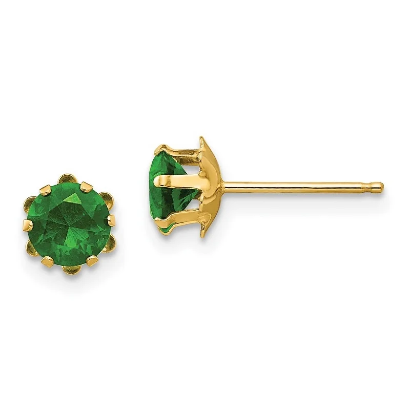 Curata 14k Yellow Gold 5mm Synthetic Emerald (May) Earrings